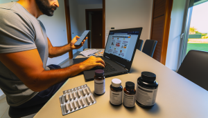 Consumatore che confronta integratori online davanti a un laptop con flaconi e farmaci sul tavolo