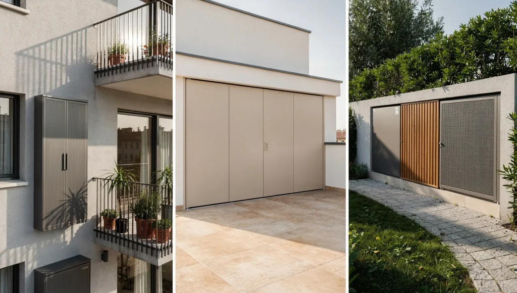 Balcone, terrazzo e giardino con armadi da esterno su misura integrati nell'architettura della casa