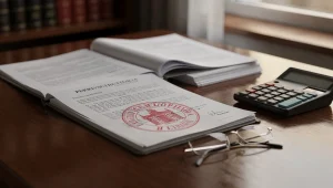 Scrivania di uno studio legale con fascicoli giudiziari e documenti su una revoca del gratuito patrocinio
